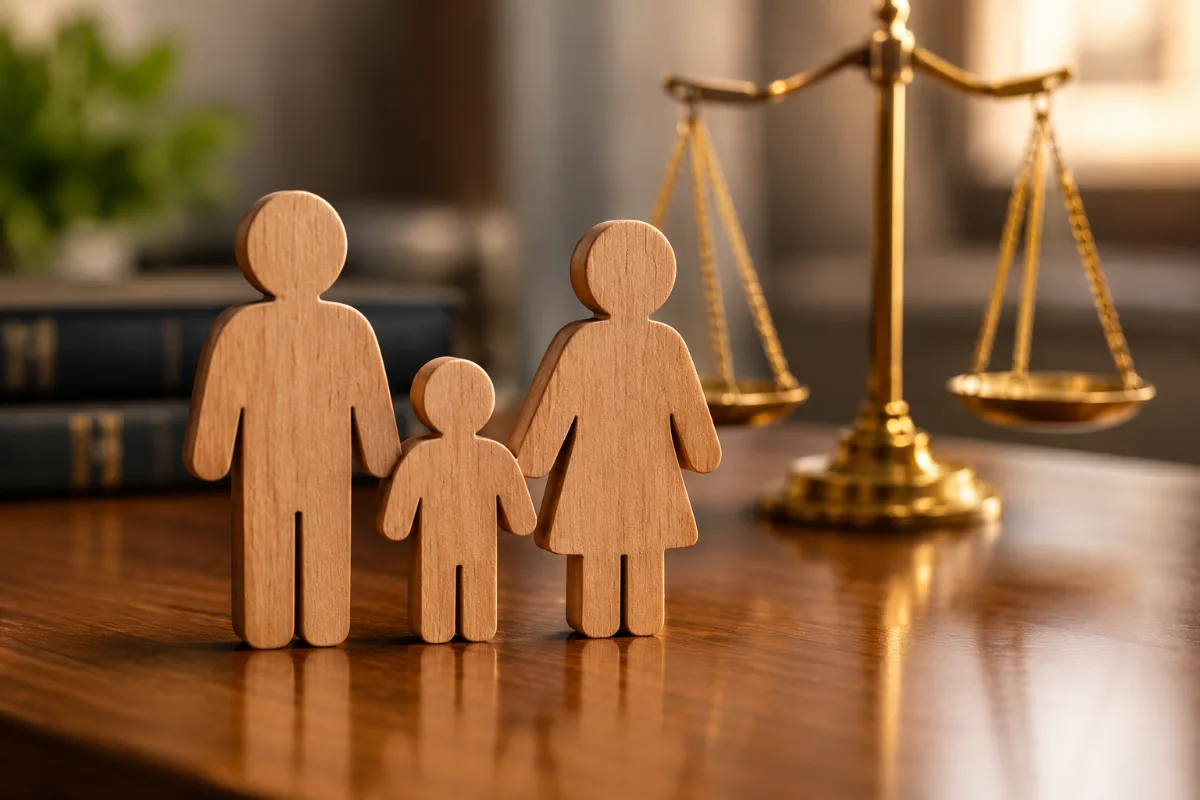 Bonecos de madeira de uma família ao lado de uma balança da justiça, representando o Direito da Família